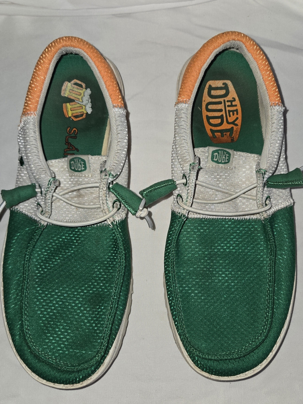 Hey Dude Men’s Green Canvas Boat Shoes with Orange Accent SZ 8M